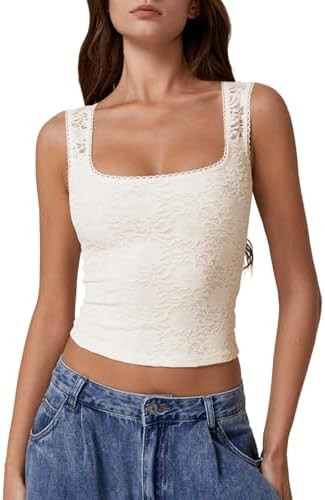 QINSEN Women's Lace Trim Square Neck Sleeveless Double-Layer Tank Top | Amazon (US)