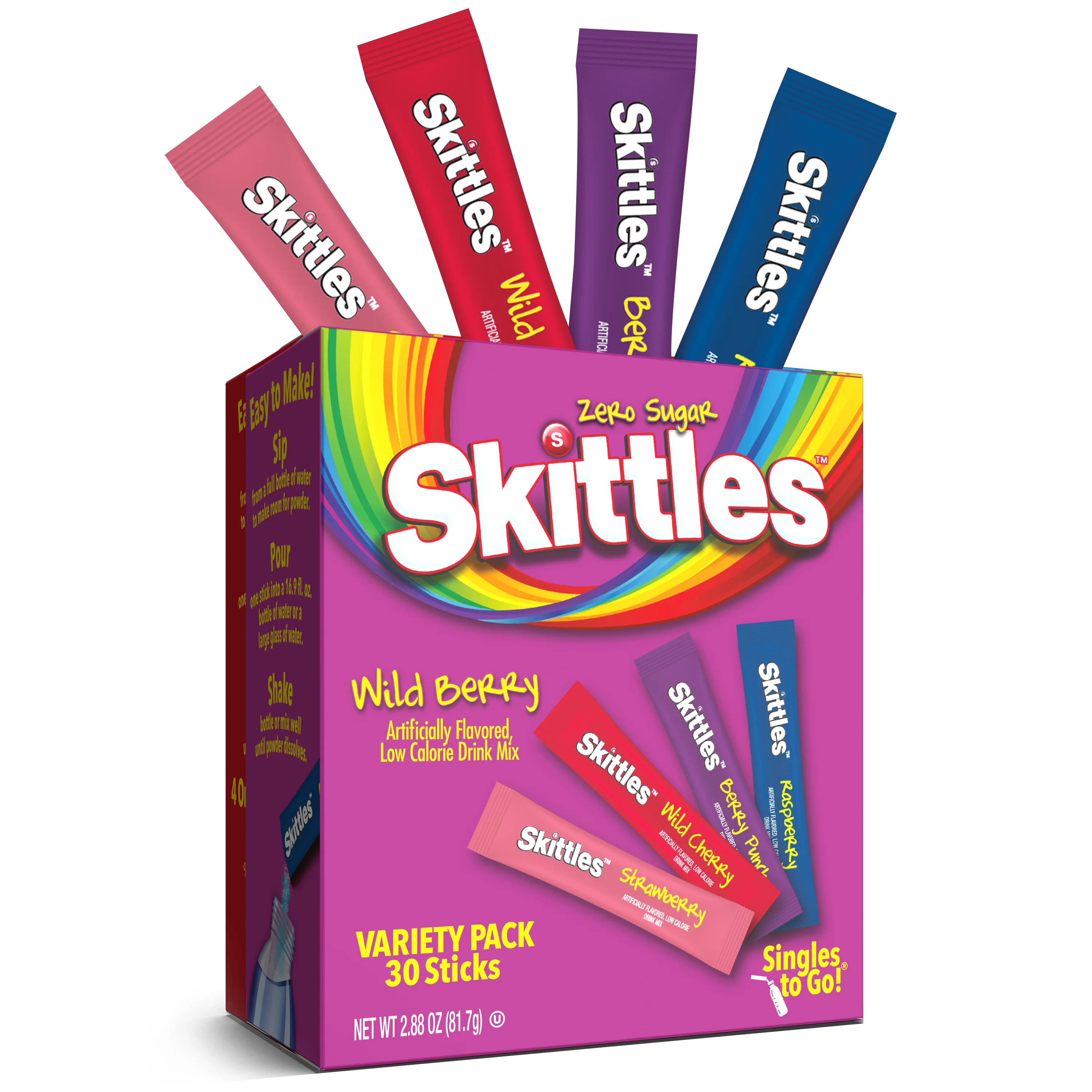 Skittles Zero Sugar Wild Berry Singles-to-Go Packs, Powdered Drink Mix, 2.88 oz, 30 Count Packets | Walmart (US)