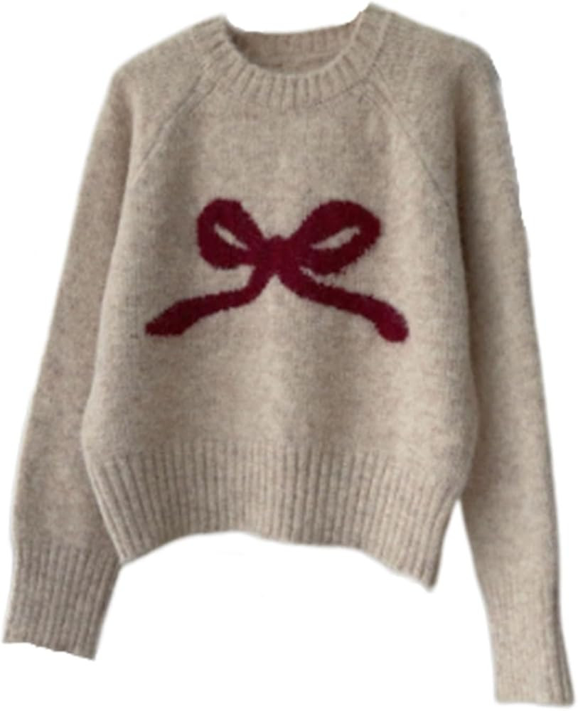 Bow Sweaters for Women, Cute Trendy Loose Fit Knit Sweater Crew Neck Long Sleeve Y2K Bow Print Cr... | Amazon (US)