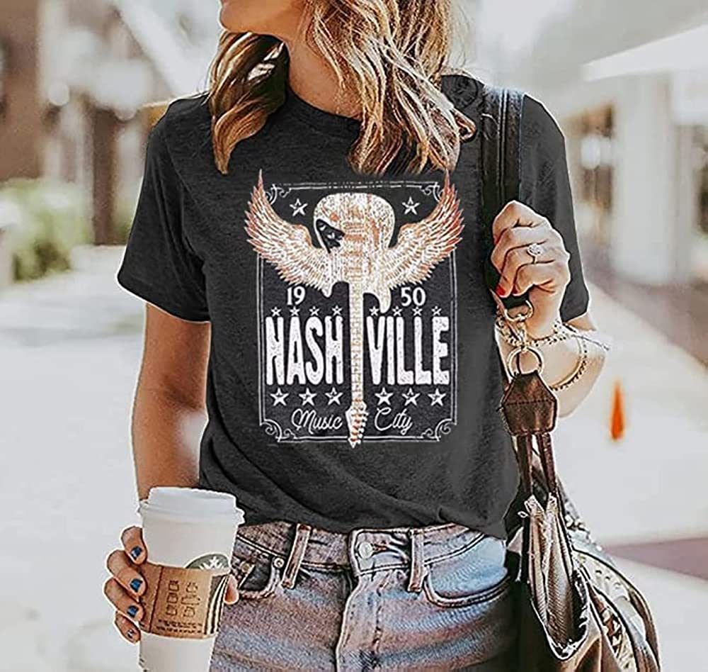 Binshre Womens Nashville Tshirt Tennessee Country Concert Graphic Tees Guitar Wings Rock and Roll T  | Amazon (US)