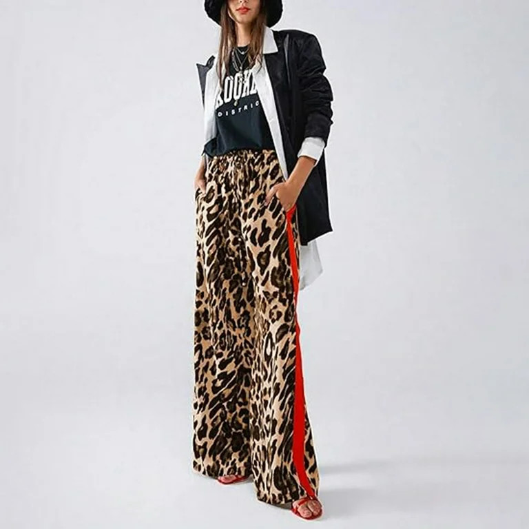 Womens Pants Leopard Print Side Stripes Straight Leg Thin Drawstring Pants Summer Loose Casual Br... | Walmart (US)