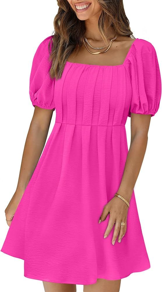 XIEERDUO Womens Square Neck Chest Pleated A-Line Dress Casual Back Smocked Puff Sleeve Mini Dress... | Amazon (US)
