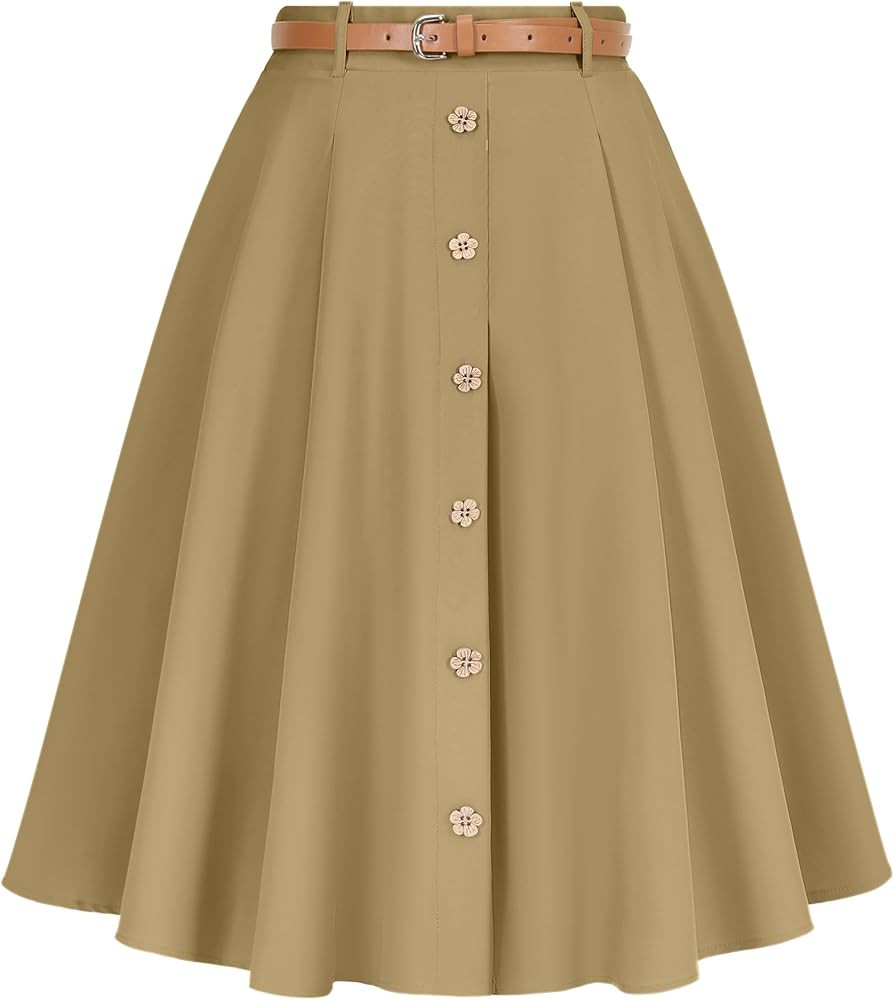 Wedtrend Women's Vintage Skirts A-Line Midi Skirt Button Work Flowy Skirts Pleated Skirt with Bel... | Amazon (US)