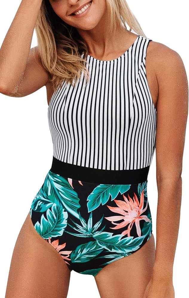 CUPSHE Women's Striped Leafy One Piece Swimsuit | Amazon (US)