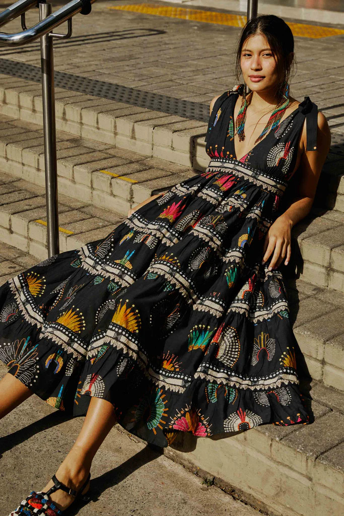 BLACK WONDERFUL HEADDRESS V NECK MIDI DRESS | FarmRio (US)