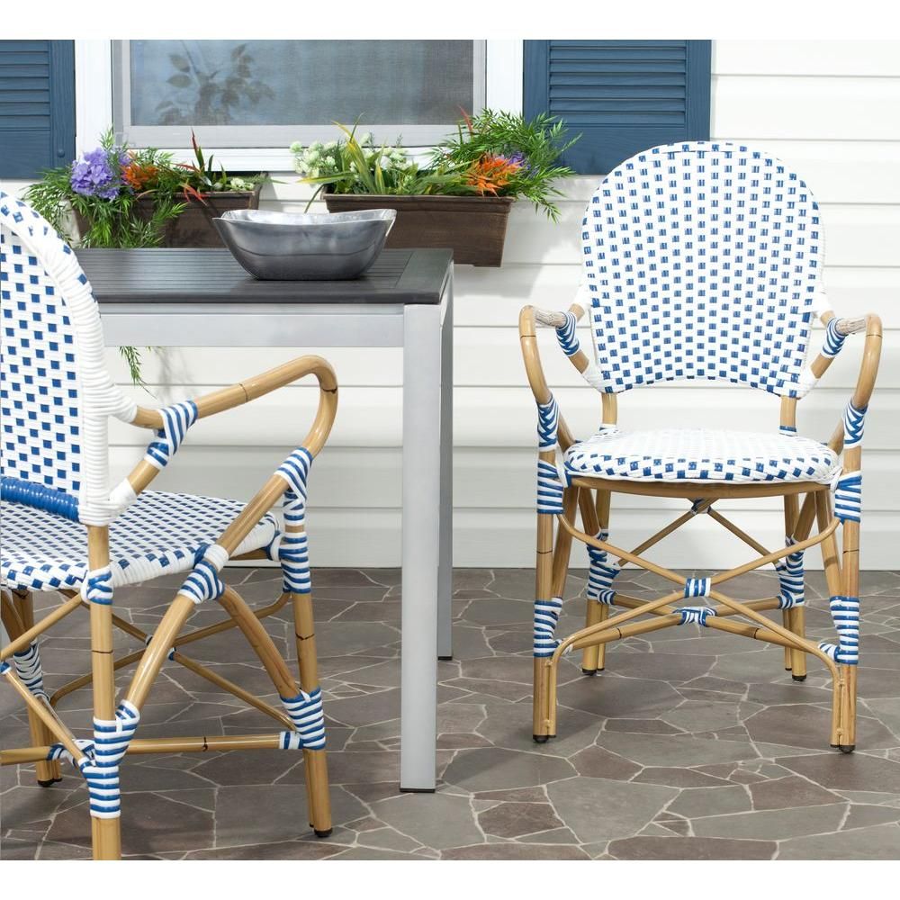 Safavieh Hooper Blue/White Stackable Aluminum/Wicker Outdoor Dining Chair (2-Pack) | The Home Depot