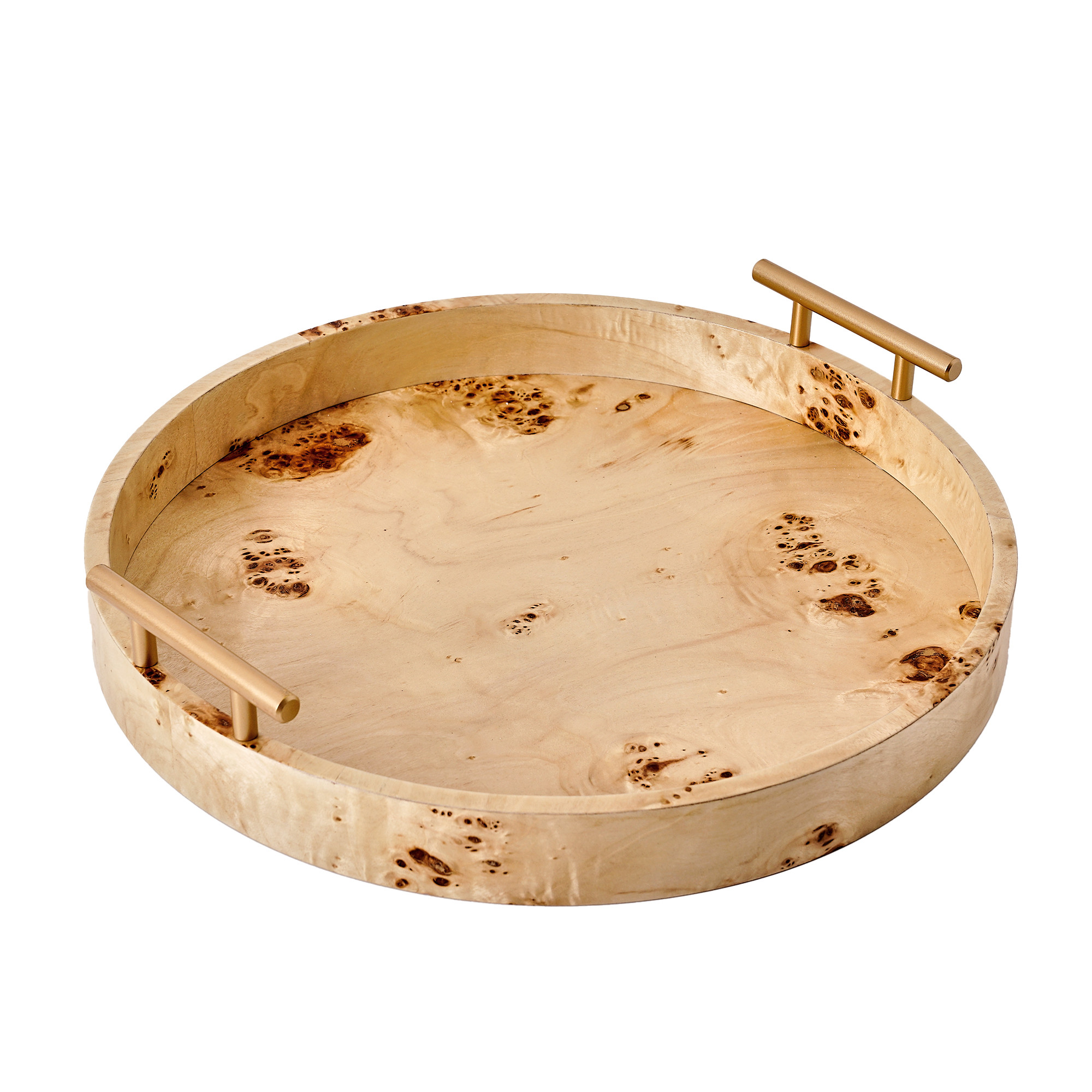 Beautiful Round Burlwood Tabletop Tray with Gold Handles by Drew Barrymore 1.75" X 15.75" | Walmart (US)