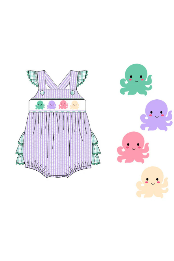 Pre-Order Smocked Purple Seersucker Octopus Ruffle Bubble | The Smocked Flamingo