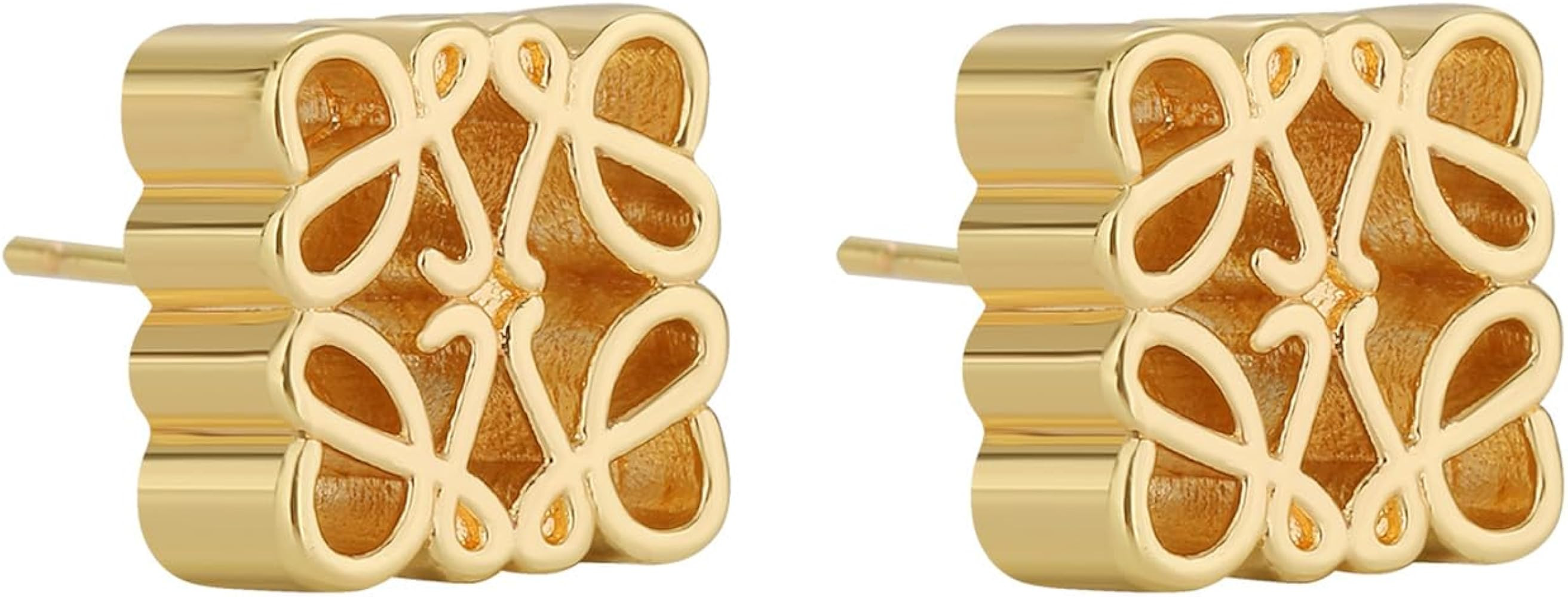 Mooncake Pattern Earrings - French Carved Hollow Square Gold Studs, Geometric Retro Gold Statemen... | Amazon (UK)