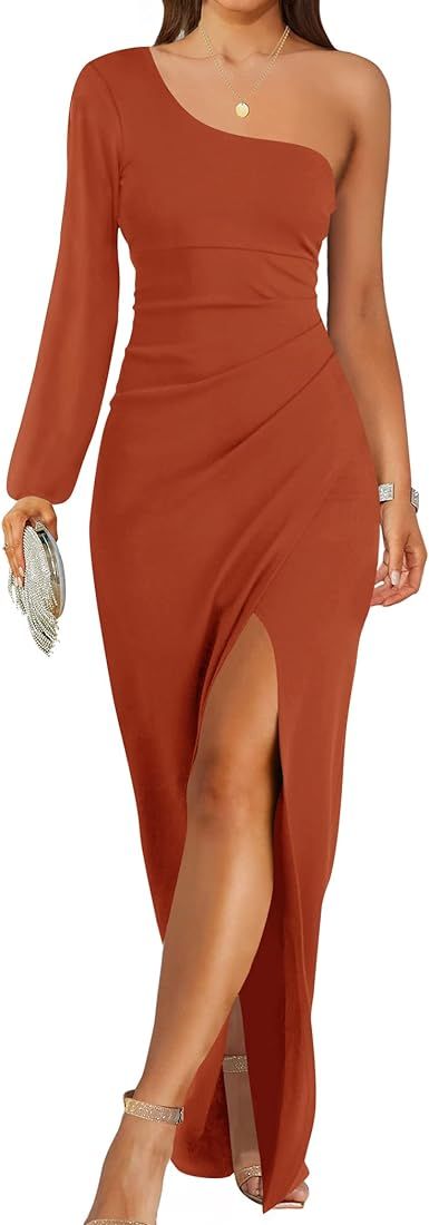 ZESICA Women's 2023 One Shoulder Long Sleeve Cocktail Dress Sexy High Slit Ruched Bod... | Amazon (US)