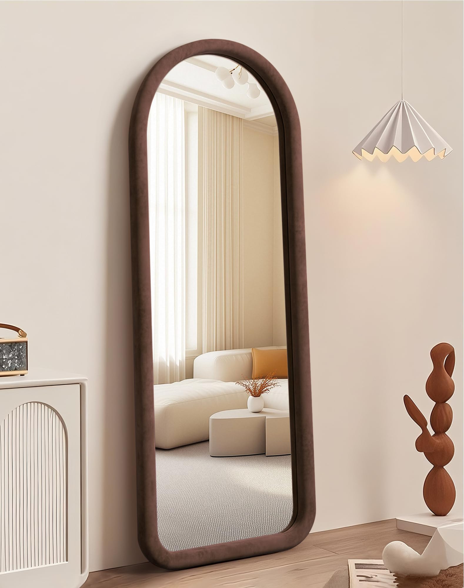 Amazon.com: Delma Arched Full Length Mirror, Free Standing Floor Velvet Finish Frame Mirror for Leaning or Hanging, Soft Touch Bedroom & Living Room Decor, Brown : Home & Kitchen | Amazon (US)