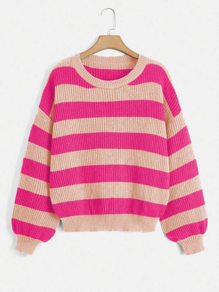 SHEIN Qutie Plus Striped Pattern Drop Shoulder Sweater | SHEIN