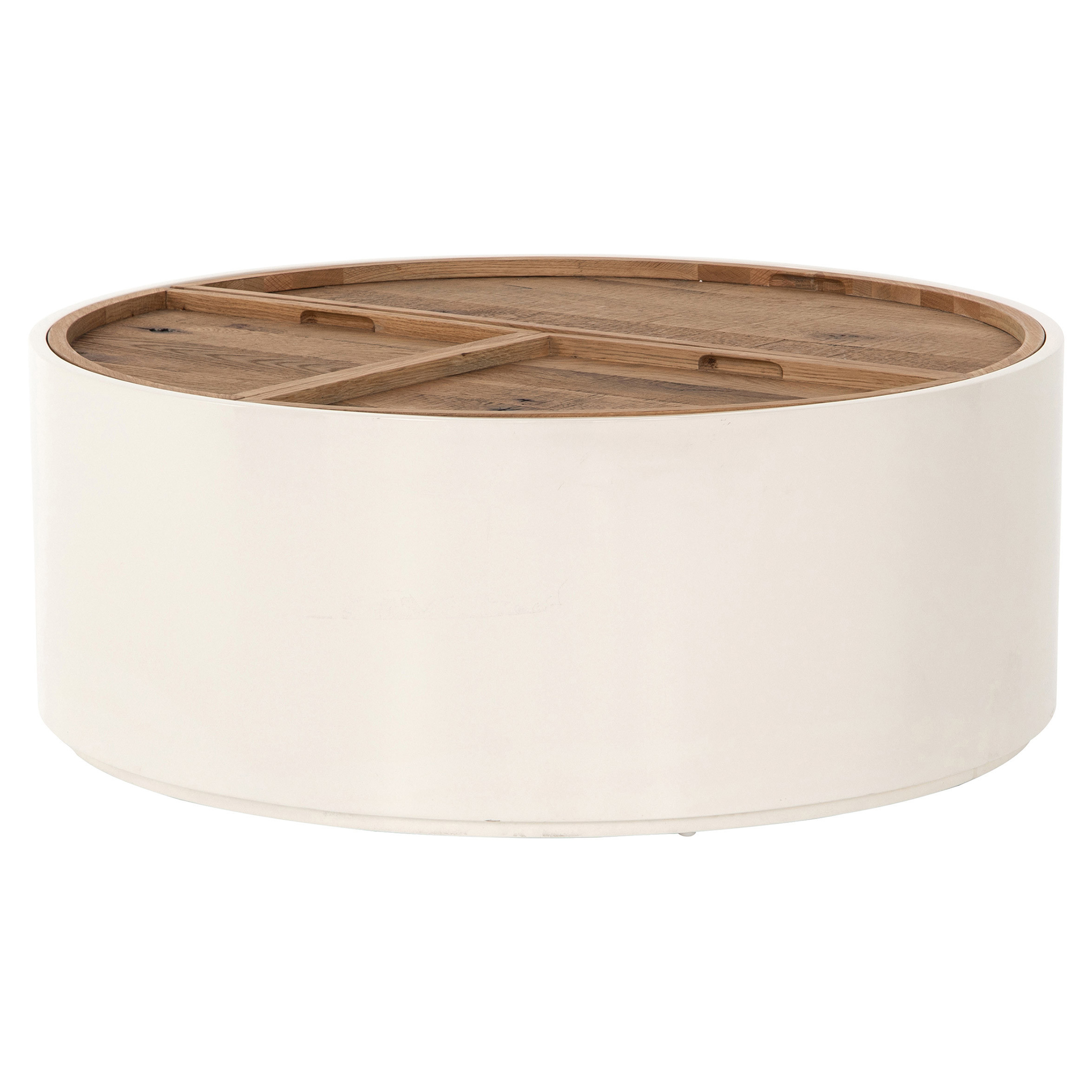 Cecile Modern Classic Round Drum Oak Wood Cream Storage Coffee Table | Kathy Kuo Home