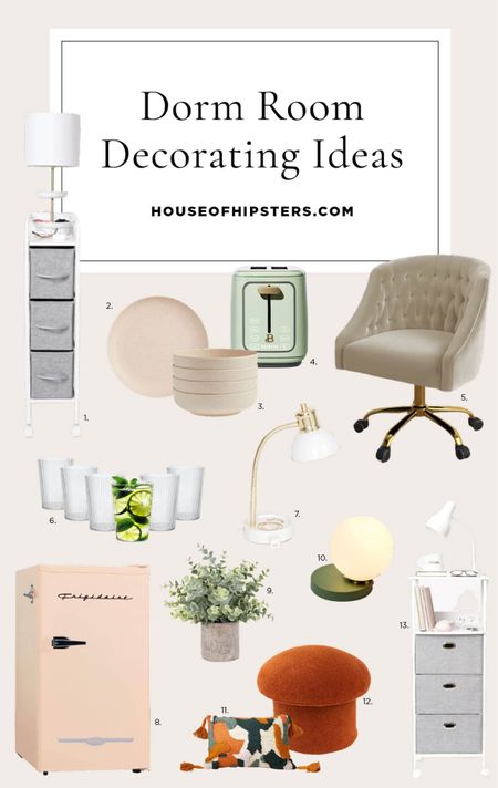 Affordable dorm room decor ideas. Must haves for college living. Small desk lamp. Under the bed storage. Colorful mini fridge. Comfortable desk chair. Narrow drawers with USB ports built in. Cute mushroom storage ottoman. 

#LTKhome #LTKBacktoSchool #LTKFind