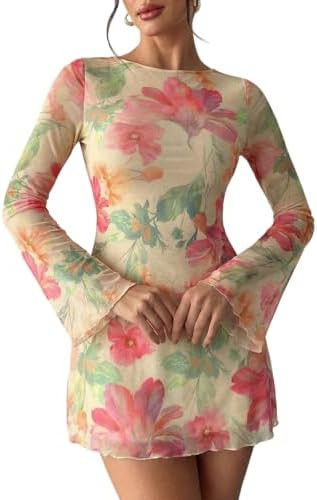 Milumia Women's Bell Long Sleeve Floral Mini Dress Spring Summer Mesh Short Dresses | Amazon (US)