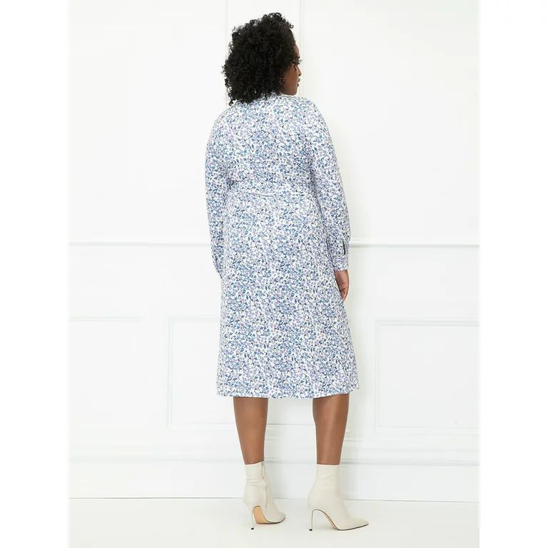 ELOQUII Elements Women's Plus Size Petal Print Midi Shirt Dress with Tie Waist | Walmart (US)