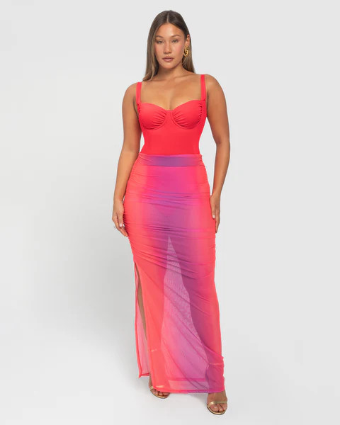 Ruched Sheer Midi Skirty - Hot Coral / Pink Ombre | TA3