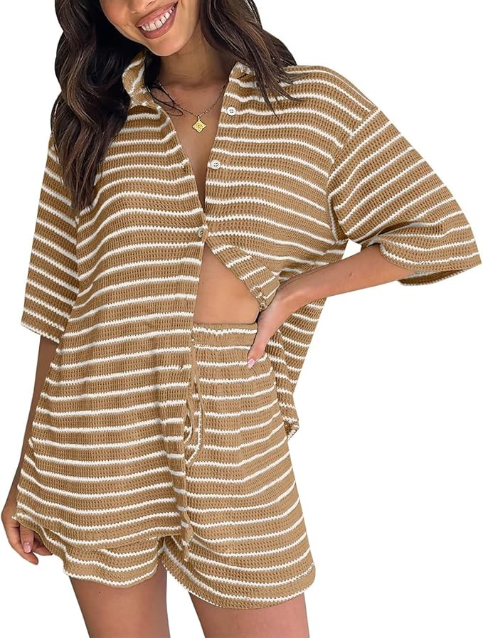 BWQ Women's Knit 2 Piece Outfits Casual Striped Button Down Shirts and Drawstring Shorts Matching... | Amazon (US)