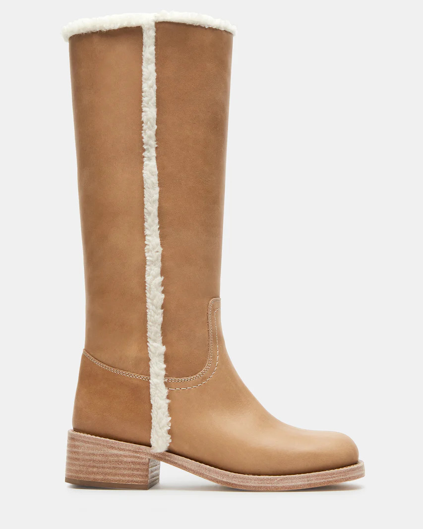 RIGGS Faux Fur Banana Leather Square Toe Boot | Women's Boots | Steve Madden (US)