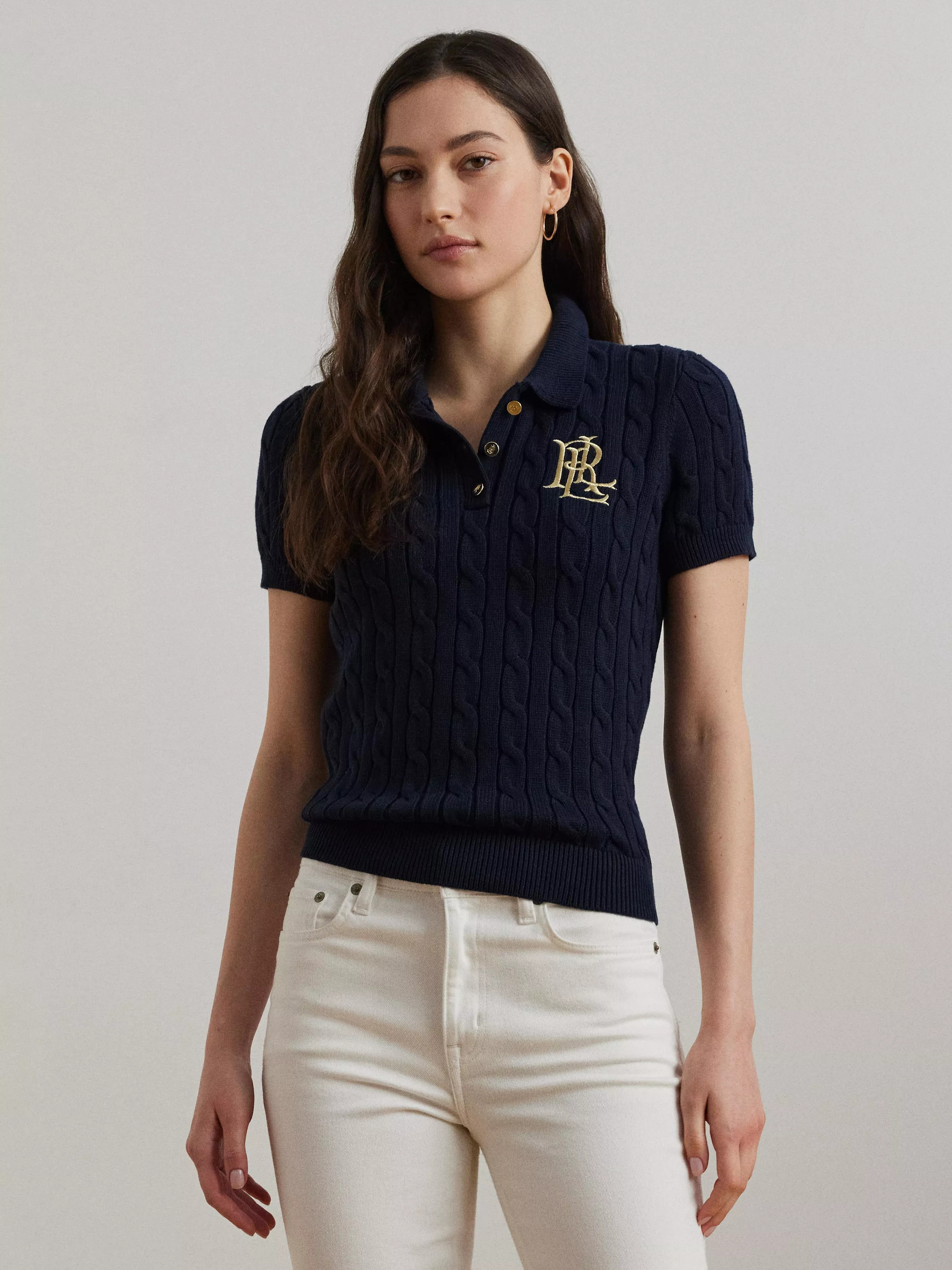 Lauren Ralph Lauren Natrissa Cable Knit Polo Top, Lauren Navy | John Lewis (UK)