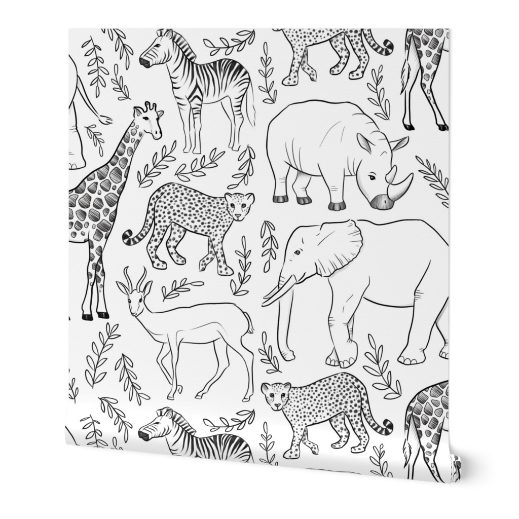 Wallpapers: Safari Animals - Black And White Wallpaper, 2'X12', Prepasted Removable Smooth, White | Shutterfly