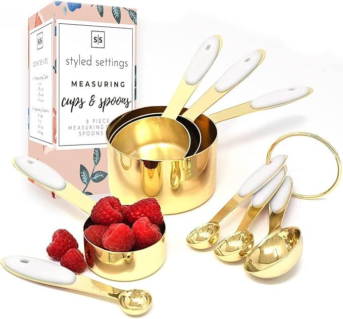 White & Gold Measuring Cups and Spoons Set - Cute Measuring Cups -8PC Gold Stainless Steel Measur... | Amazon (US)