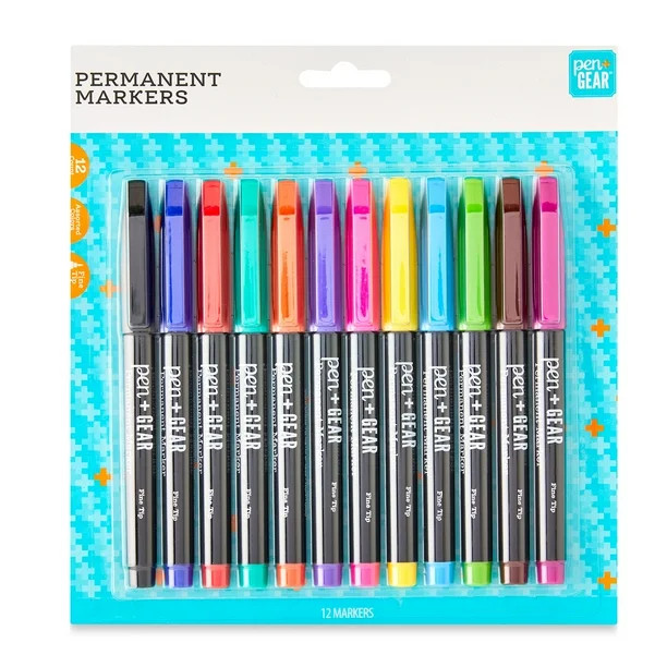 Pen+Gear Fine Tip Permanent Markers, Assorted Colors, 12 Count | Walmart (US)
