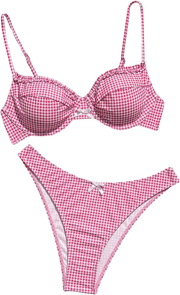 Women's 2 Piece Y2K Gingham Bow Front Bikini Set Underwire Bikini Thong Swimsuit High Waisted Bat... | Amazon (US)