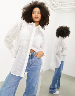 ASOS EDITION organza sheer oversized long sleeve shirt in white stripe | ASOS (Global)
