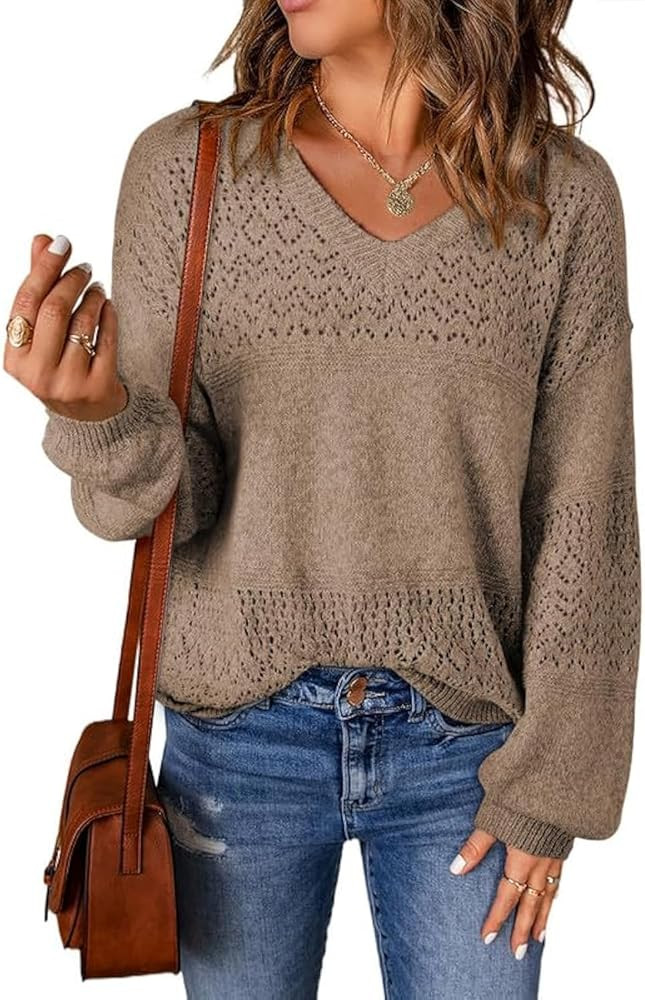 SHEWIN Womens Sweaters Casual Long Sleeve V Neck Lightweight Crochet Pullover Sweater Tops | Amazon (US)