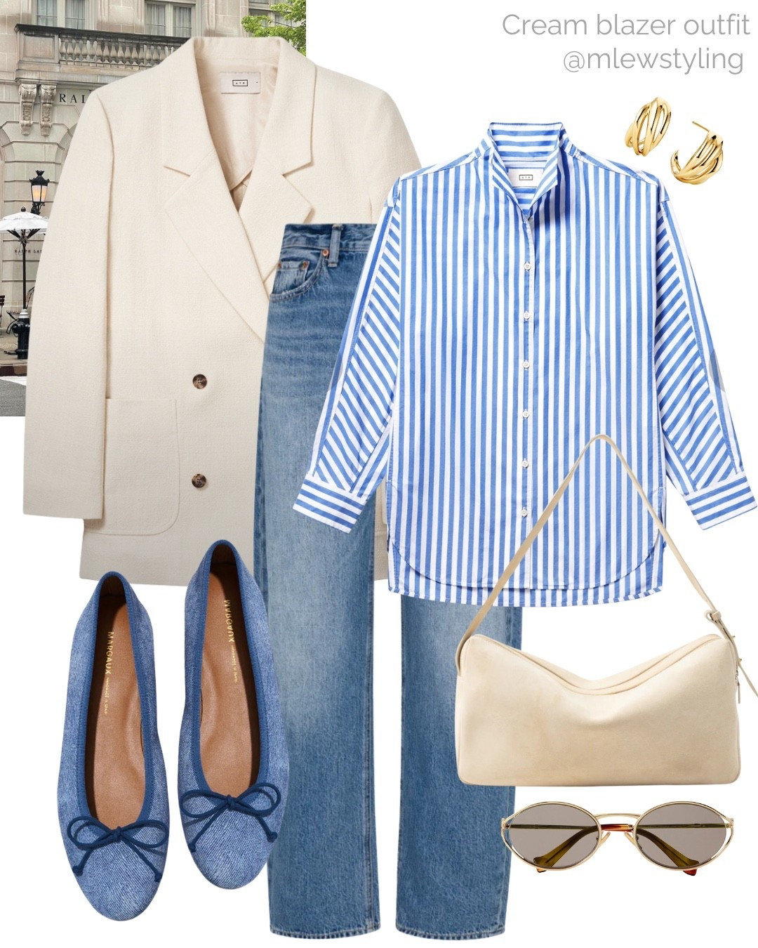 Cream blazer outfit 🤍

Tags: blue striped button down, elle suede shoulder bag, Margaux nyc ballet flats, pistola denim, barrel leg jeans, Jenny bird earrings, cream blazer, late winter outfit, early spring look, casual workwear, office outfit, capsule wardrobe 

#LTKgrwm #LTKWorkwear #LTKootd
