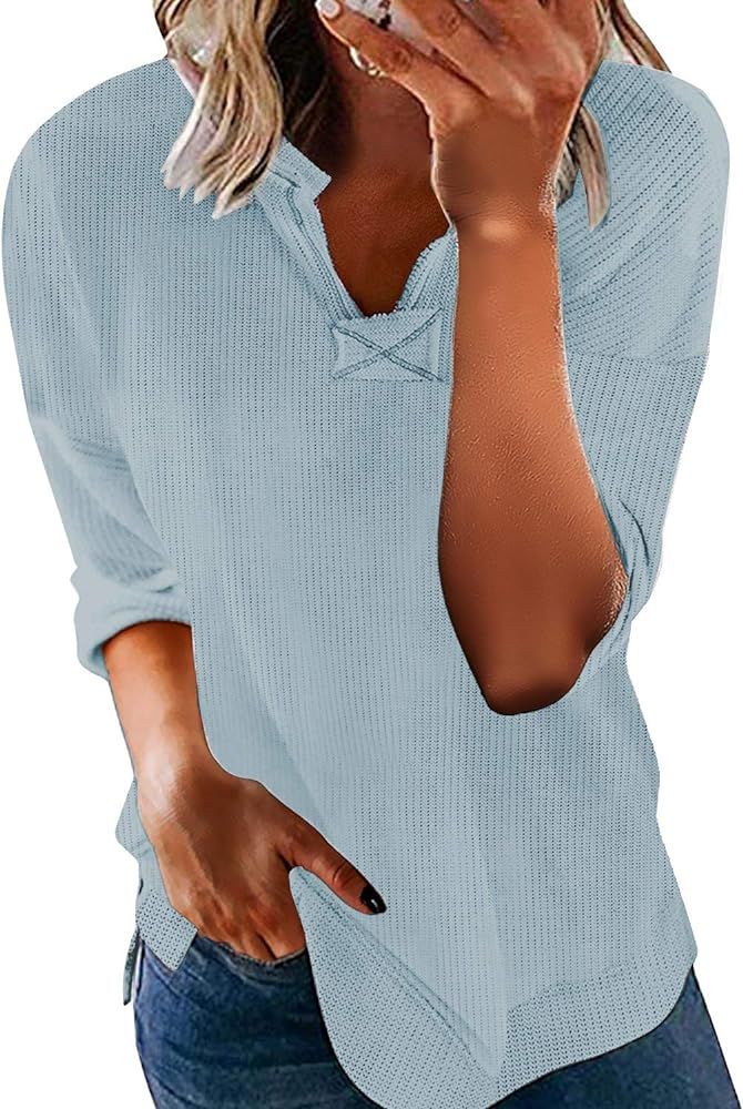 Women Casual Notched V Neck Blouse Tops Cuffed Half Sleeve Tee Shirts | Amazon (US)