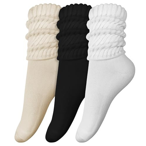 3-Pair Cotton Crew Slouch Socks Womens Scrunch Ribbed Soft Retro Boot Calf Sock (US, Alpha, One Size, Regular, Regular, Assorted (White/Black/Cream)) | Amazon (US)