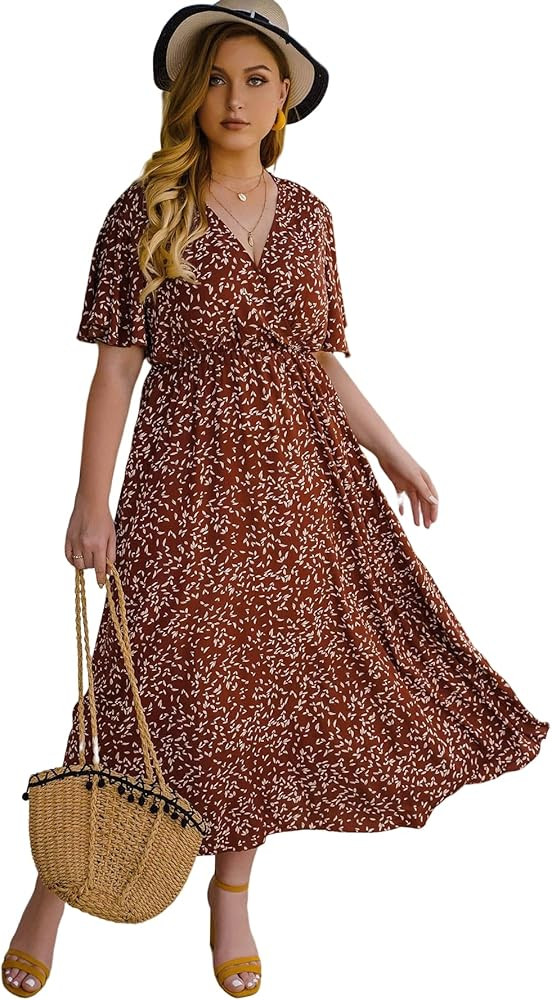 Floerns Women's Plus Size Boho Floral V Neck Short Sleeve A Line Long Dress | Amazon (US)