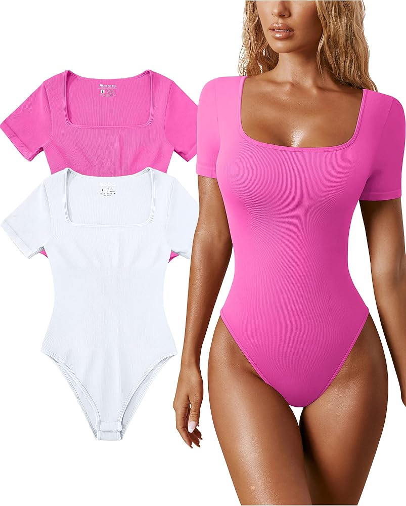 OQQ Women's 2 Piece Bodysuits Sexy Ribbed One Piece Square Neck Short Sleeve Bodysuits | Amazon (US)