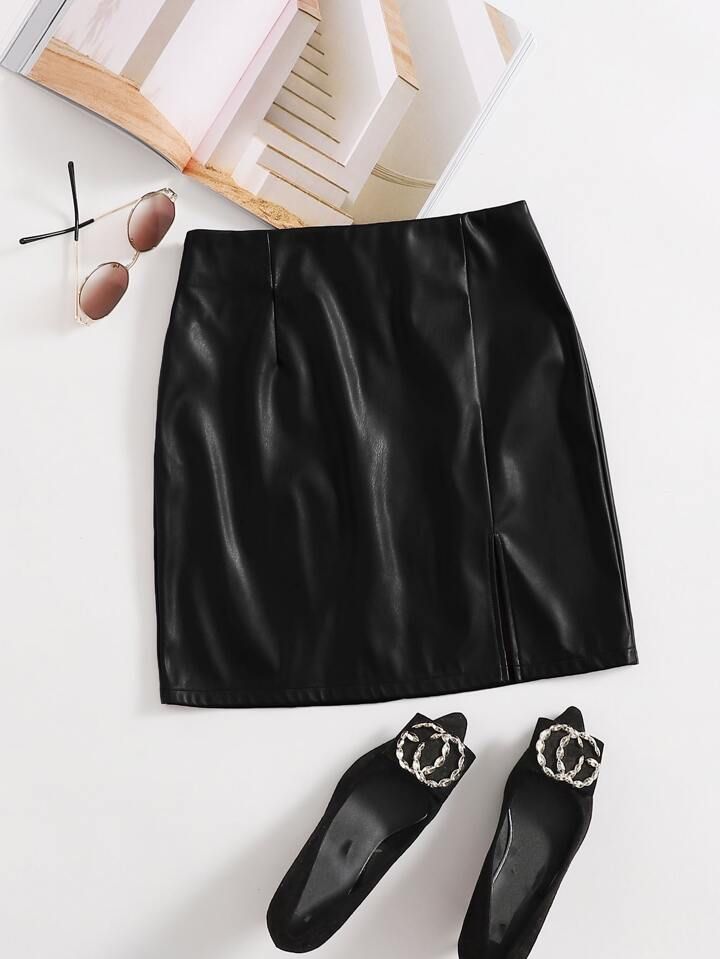 SHEIN Privé Split Hem PU Leather Skirt | SHEIN
