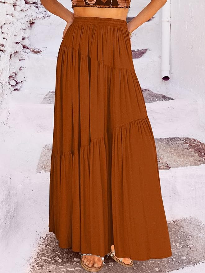 ANRABESS Women’s Boho Elastic High Waist Pleated A-Line Flowy Swing Asymmetric Tiered Maxi Long... | Amazon (US)