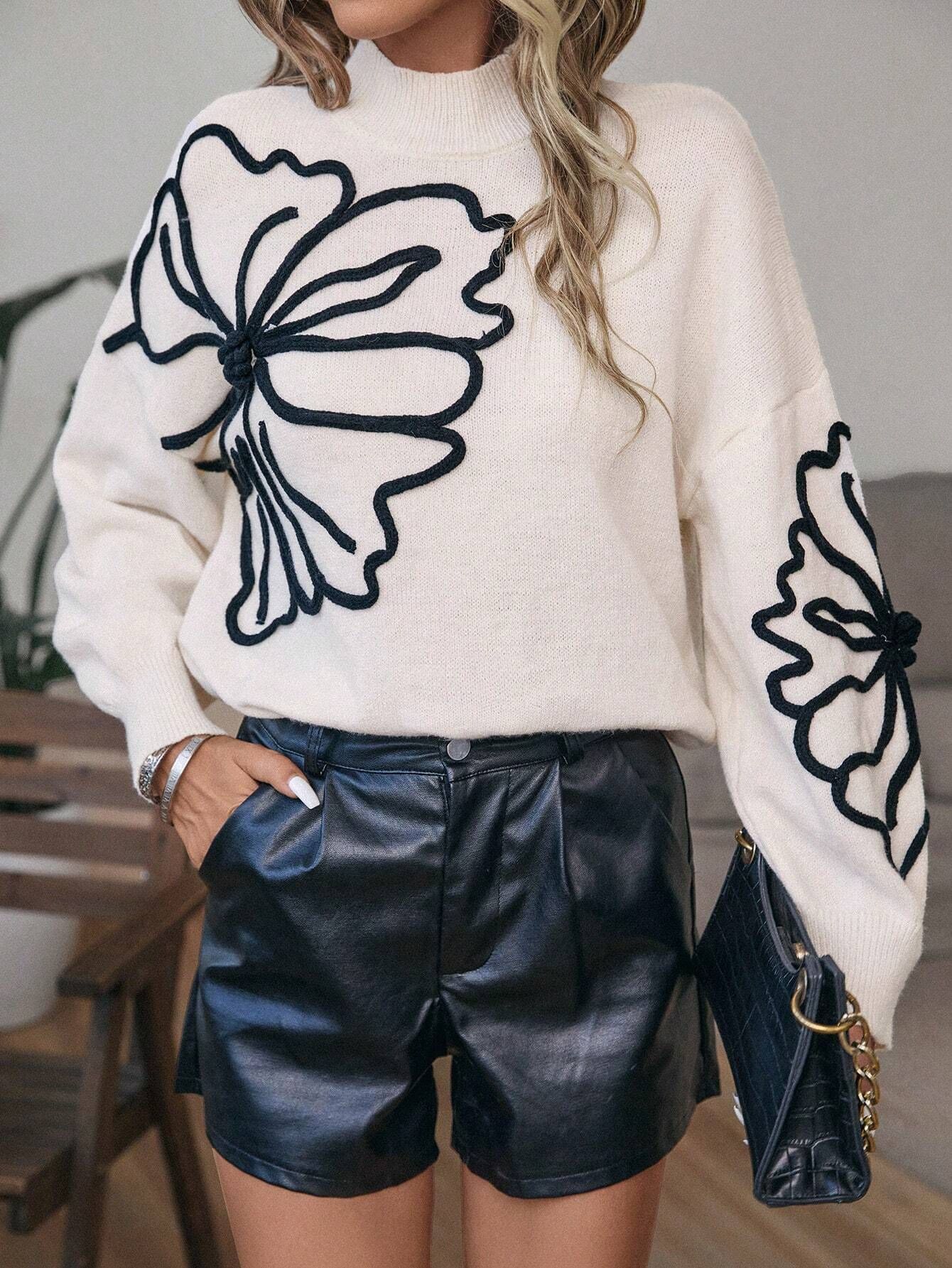 SHEIN Essnce Floral Pattern Drop Shoulder Mock Neck Sweater | SHEIN