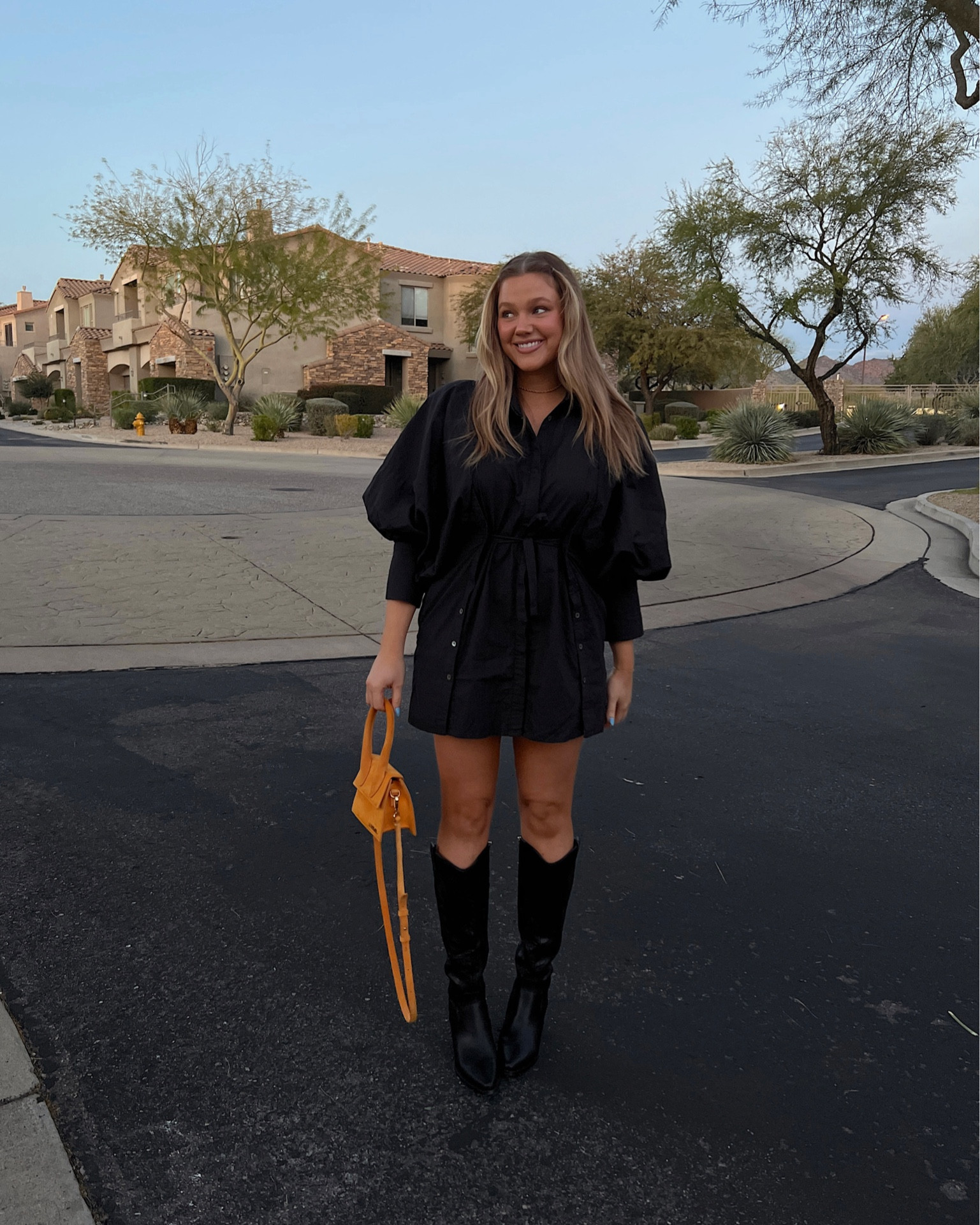 Dress is kinda short but so cute!! Fits tts M, boots are Walmart I am a 7.5 and bought the 8. So comfy!! $45. Linked bag & similar 

#LTKshoecrush #LTKunder50