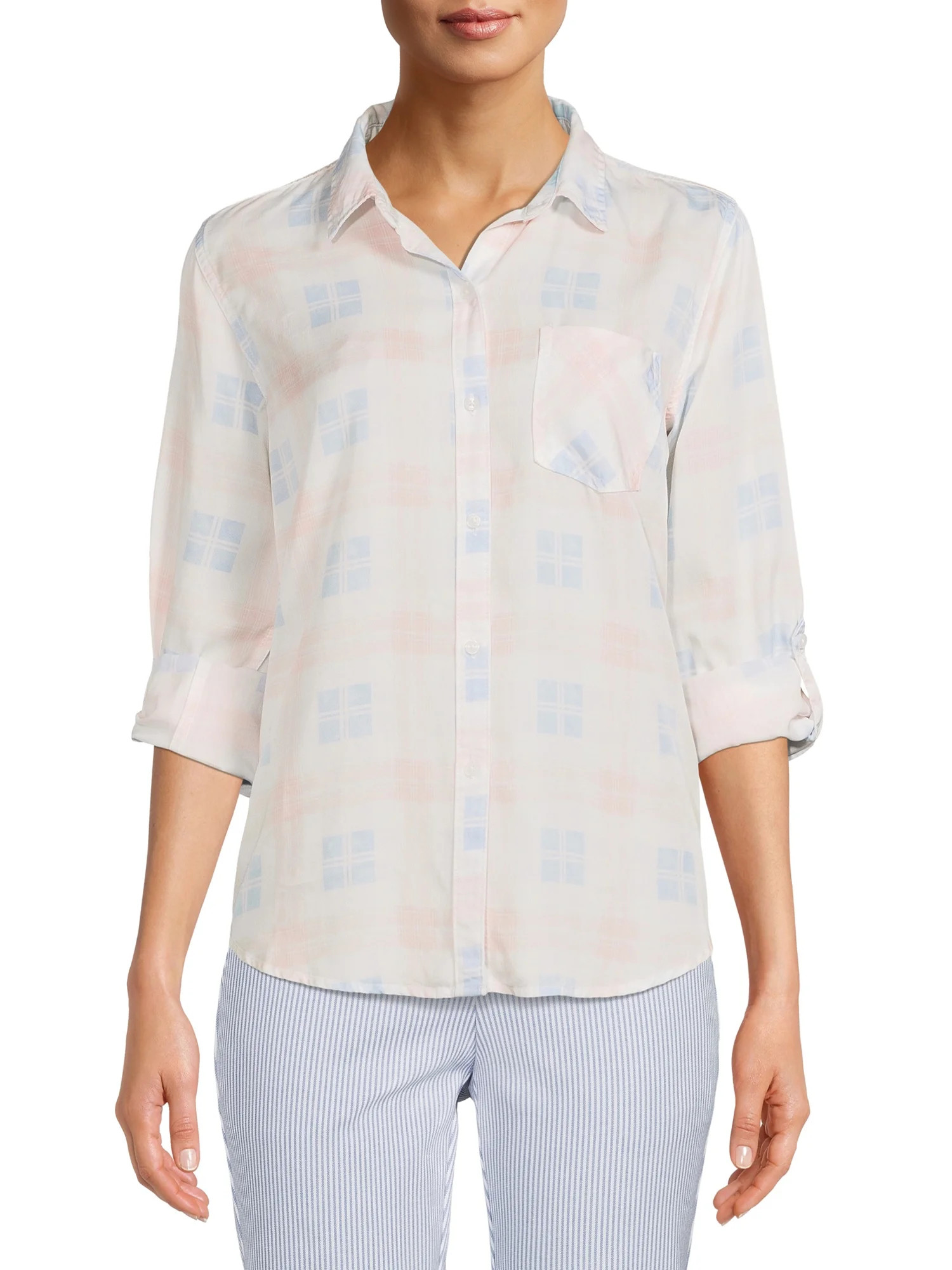Time and Tru Women's Soft Button Front Shirt with Long Sleeves | Walmart (US)