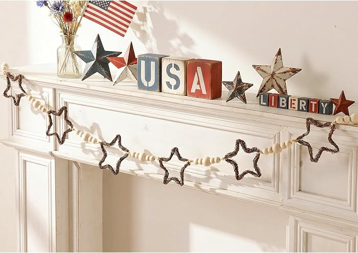 4th of July Garland Decorations, Farmhouse Patriotic Banner with Rattan Stars and Wooden Beads, R... | Amazon (US)