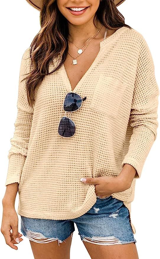 PINKMSTYLE Womens Waffle Knit V Neck Oversized Pullover Sweater Off The Shoulder Long Sleeve Tops... | Amazon (US)