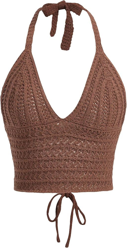 SOLY HUX Womens Crochet Halter Crop Tops Summer Sexy Knitted V Neck Sleeveless Camisole Y2K Top S... | Amazon (US)