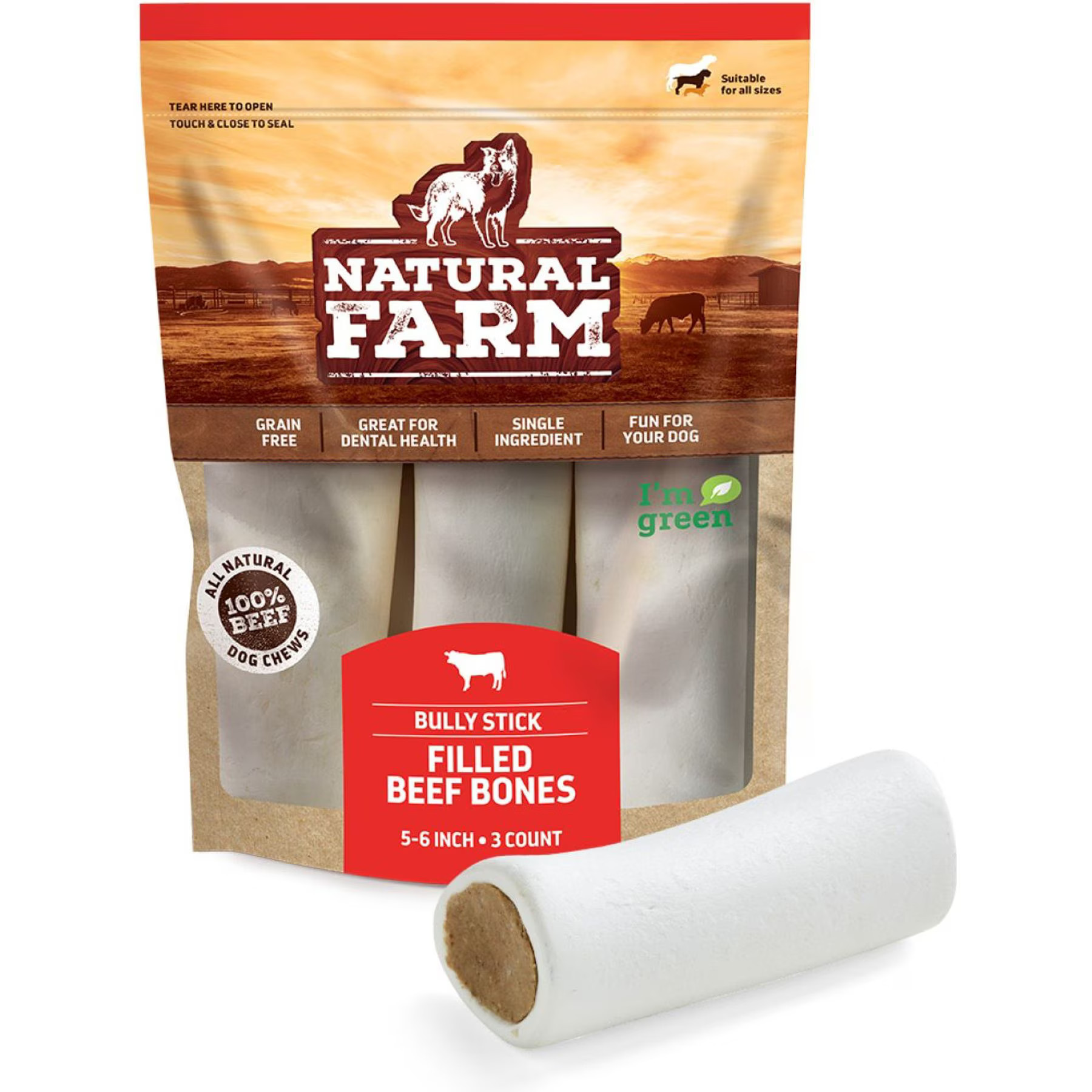 Natural Farm 5 to 6-inch Bully Stick Flavor Stuffed Dog Bones, 3 count | Chewy