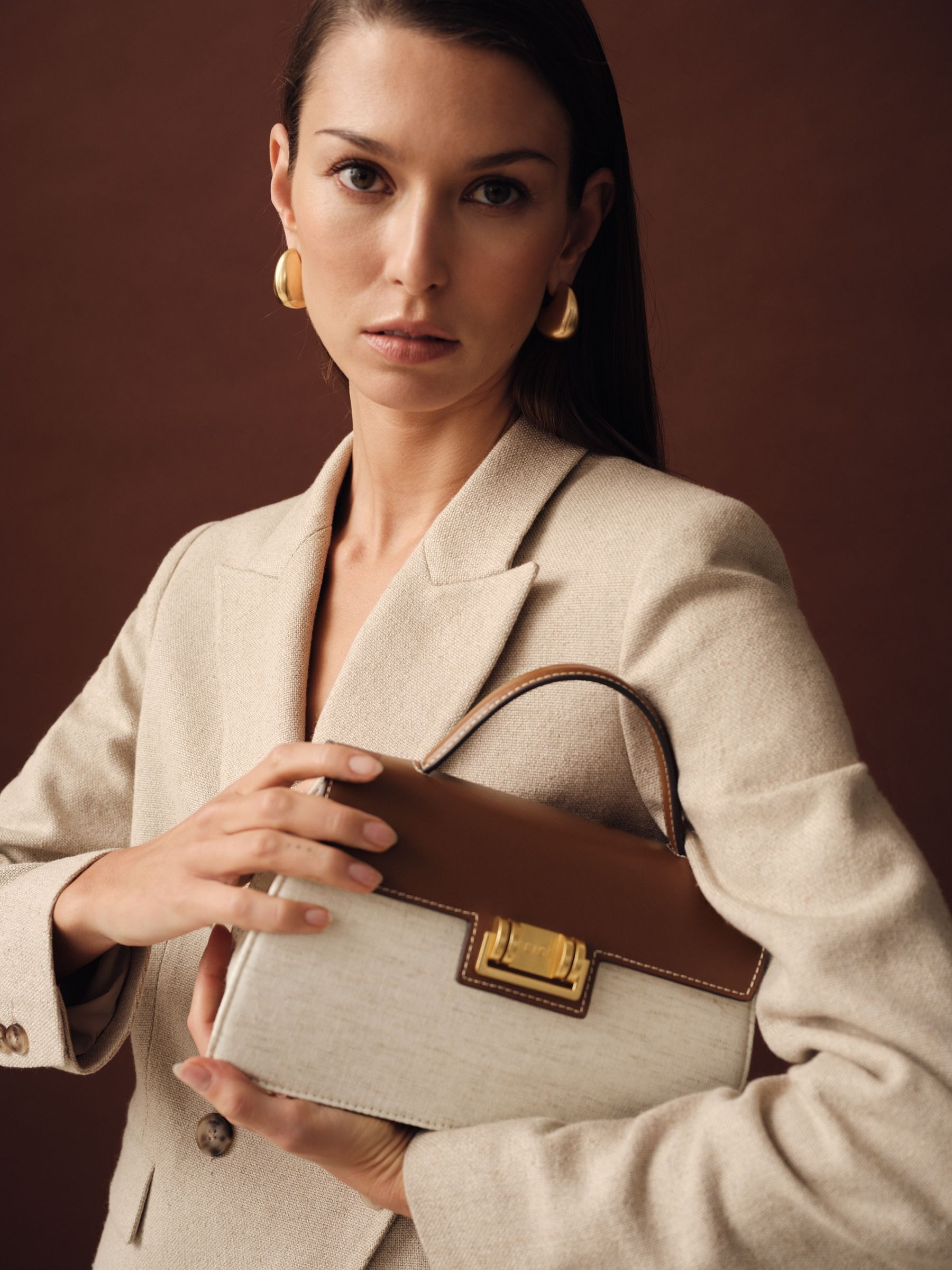 Leather And Cotton Top Handle Bag in Natural | Reiss UK