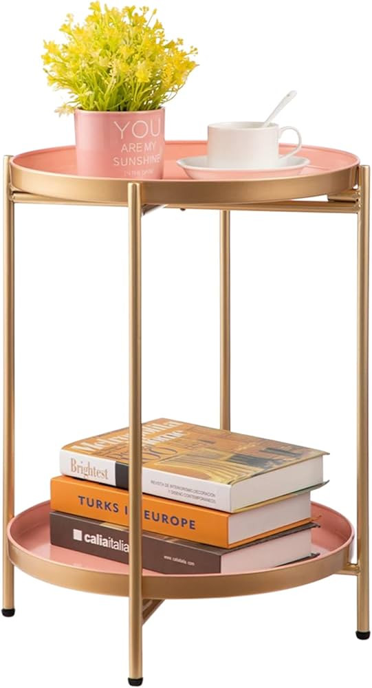 HollyHOME 2-Tier Round Gold Side Table, Outdoor Small Folding Accent Stand with Removable Tray, A... | Amazon (US)