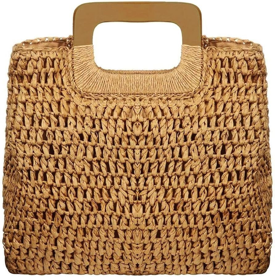 Straw Tote Bag with Wooden Handle Women Hobo Woven Handbag Summer Beach Travel | Amazon (US)
