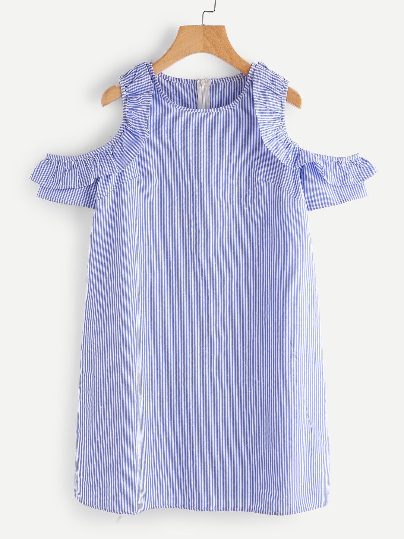 Vertical Striped Open Shoulder Frill Trim Dress | SHEIN