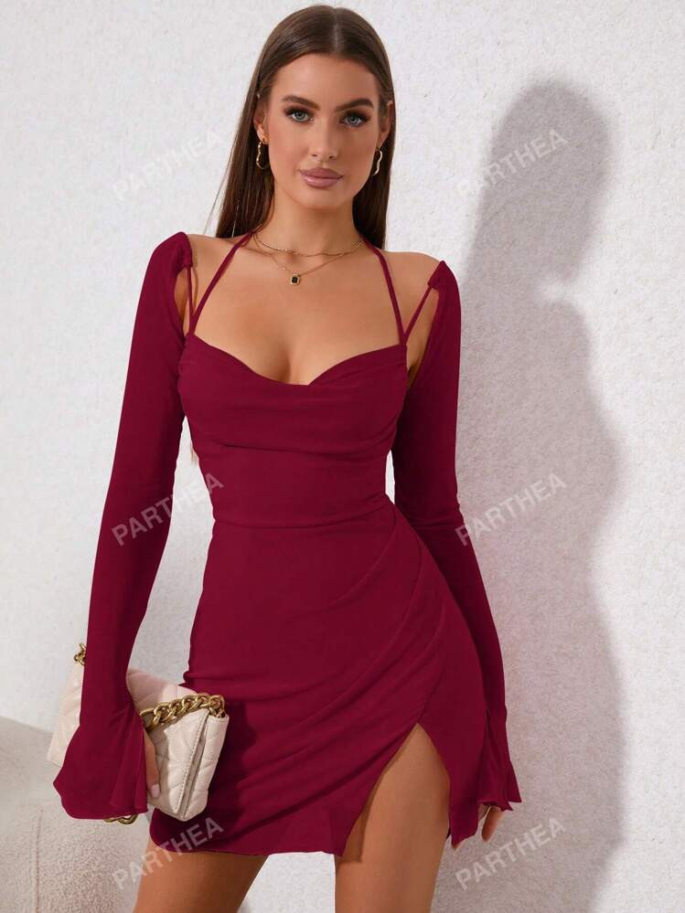 PARTHEA Split Flounce Sleeve Wrap Hem Mesh Bodycon Dress | SHEIN