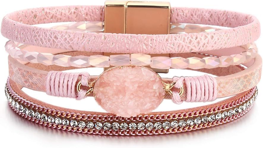FANCY SHINY Leather Wrap Bracelet Boho Cuff Bracelets Crystal Bead Bracelet with Magnetic Clasp f... | Amazon (US)